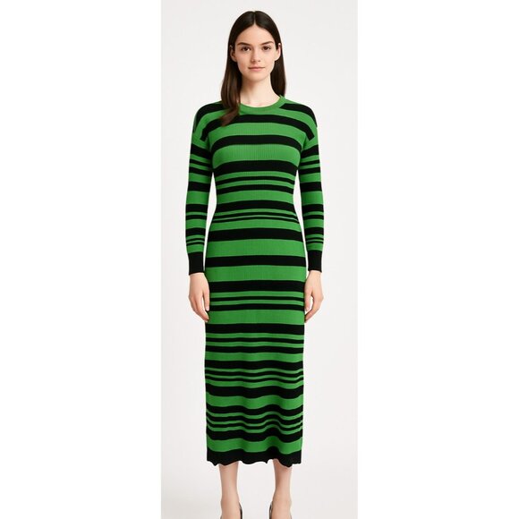 ASOS Womens Sweater Dress Size 4 Black Green Striped Long Sleeve Midi Preppy - Picture 1 of 10